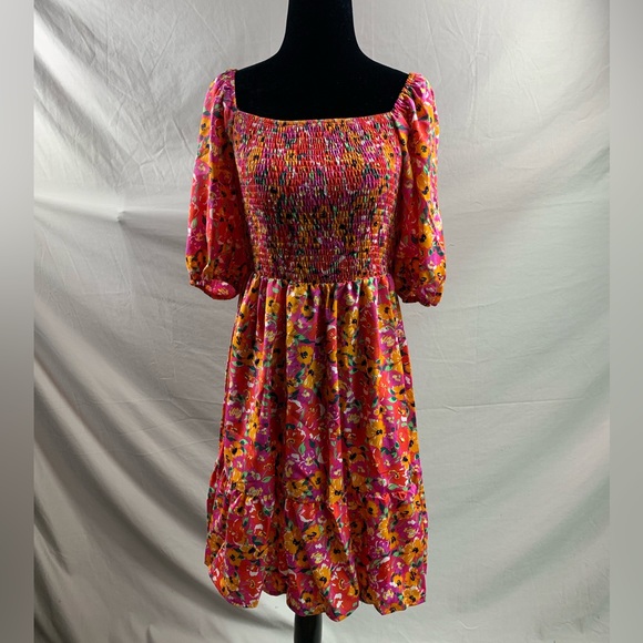 Shirred Floral Print Square Neck Puff Sleeve Dress - Picture 6 of 7
